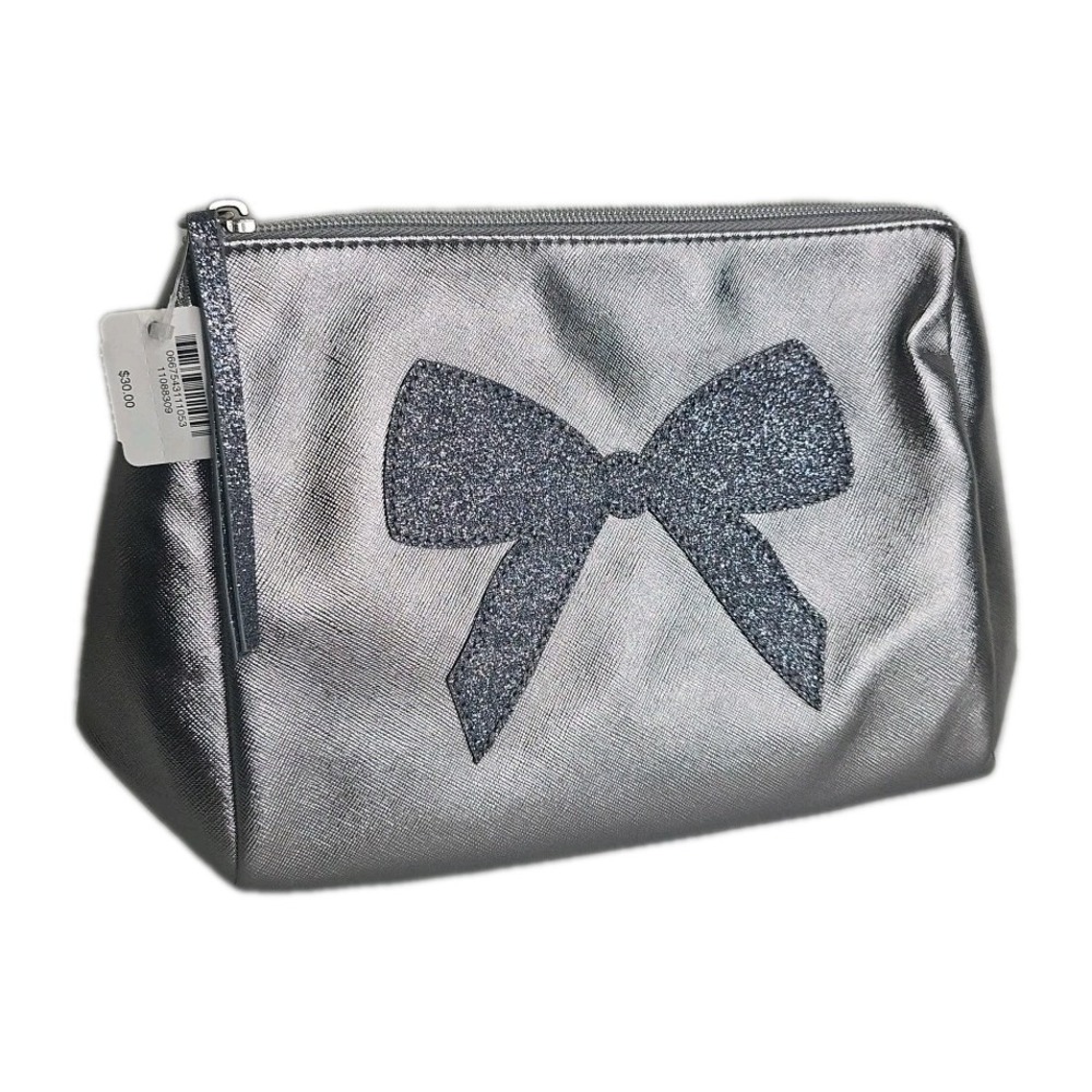 New Bath & Body Works Silver Makeup Accessory Bag‎ Large Silver Glitter Bow